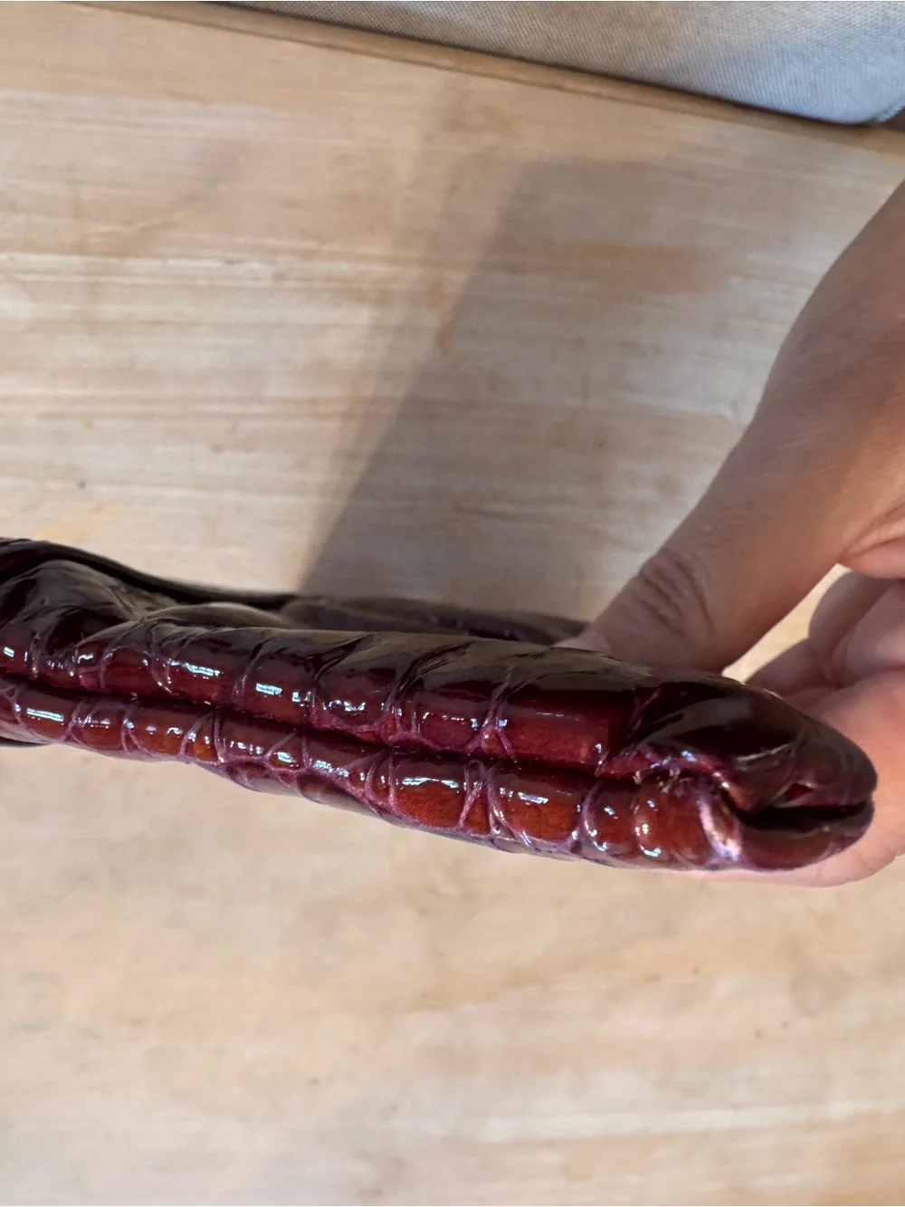 Vintage Y2K Lauren Merkin Patent Croc-Embossed Clutch in Burgundy
